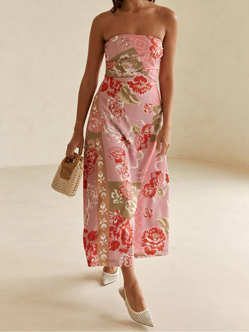 Floral Pink strapless Sabo dress maxi